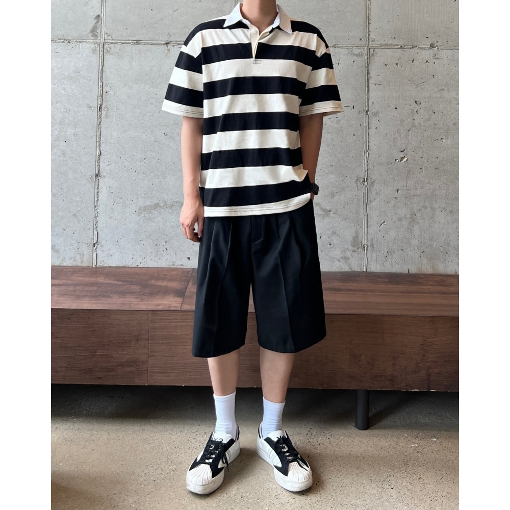 【Metanoia】韓國設計 翻領條紋短袖上衣