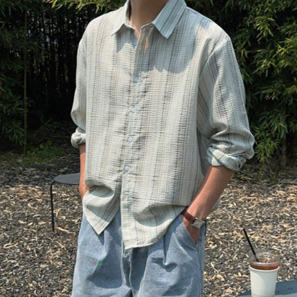 【Metanoia】韓國設計 翻領條紋長袖襯衫 - 1