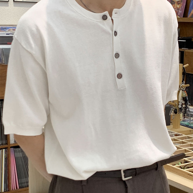 【Metanoia】韓國設計 亨利領亞麻針織短袖上衣