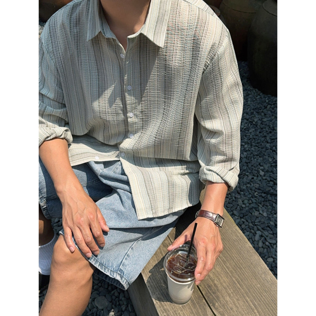【Metanoia】韓國設計 翻領條紋長袖襯衫 - 5