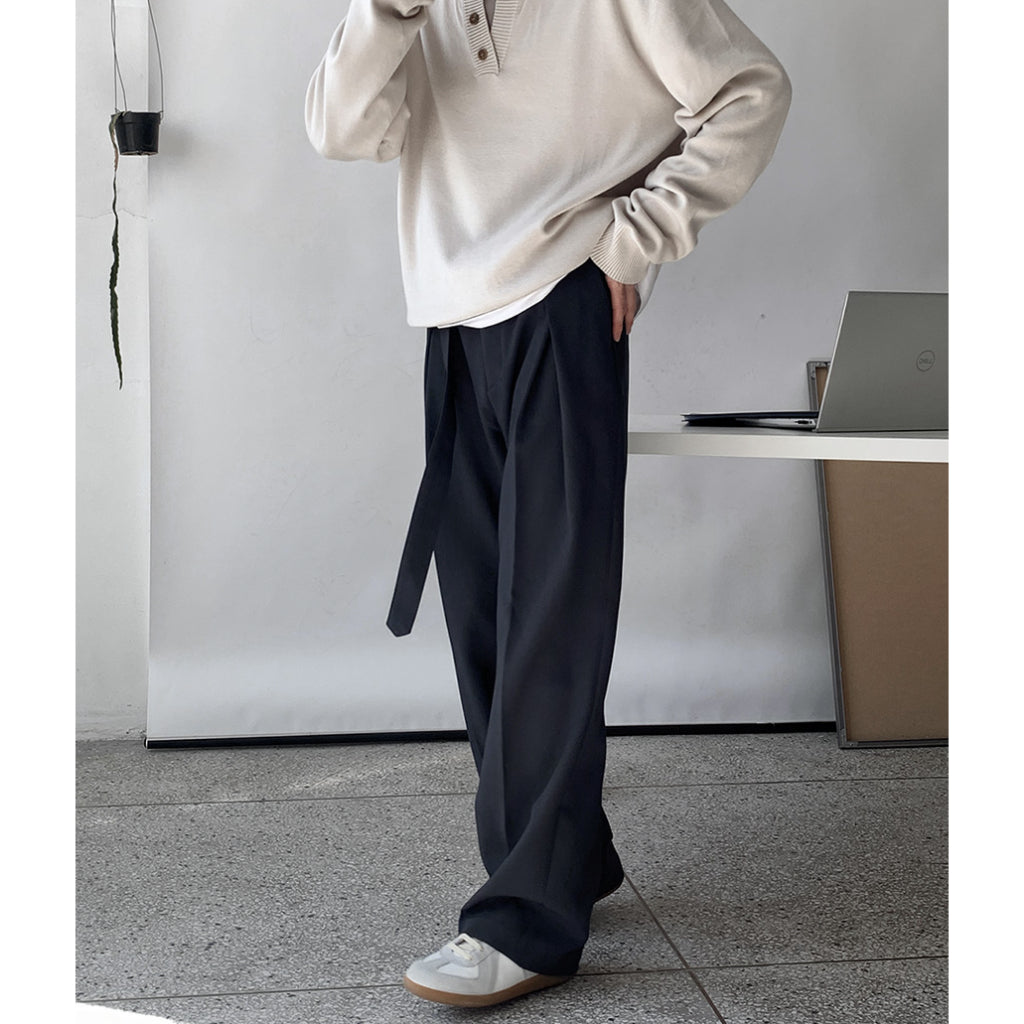 【Metanoia】🇰🇷韓製 含皮帶西裝設計感寬鬆落地褲