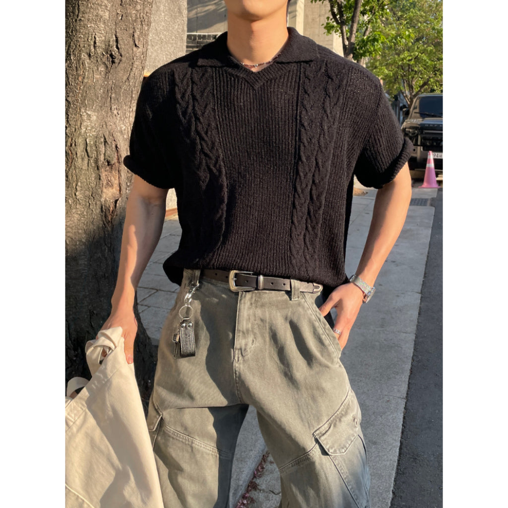 【Metanoia】韓國設計 翻領麻花針織短袖上衣 - 9