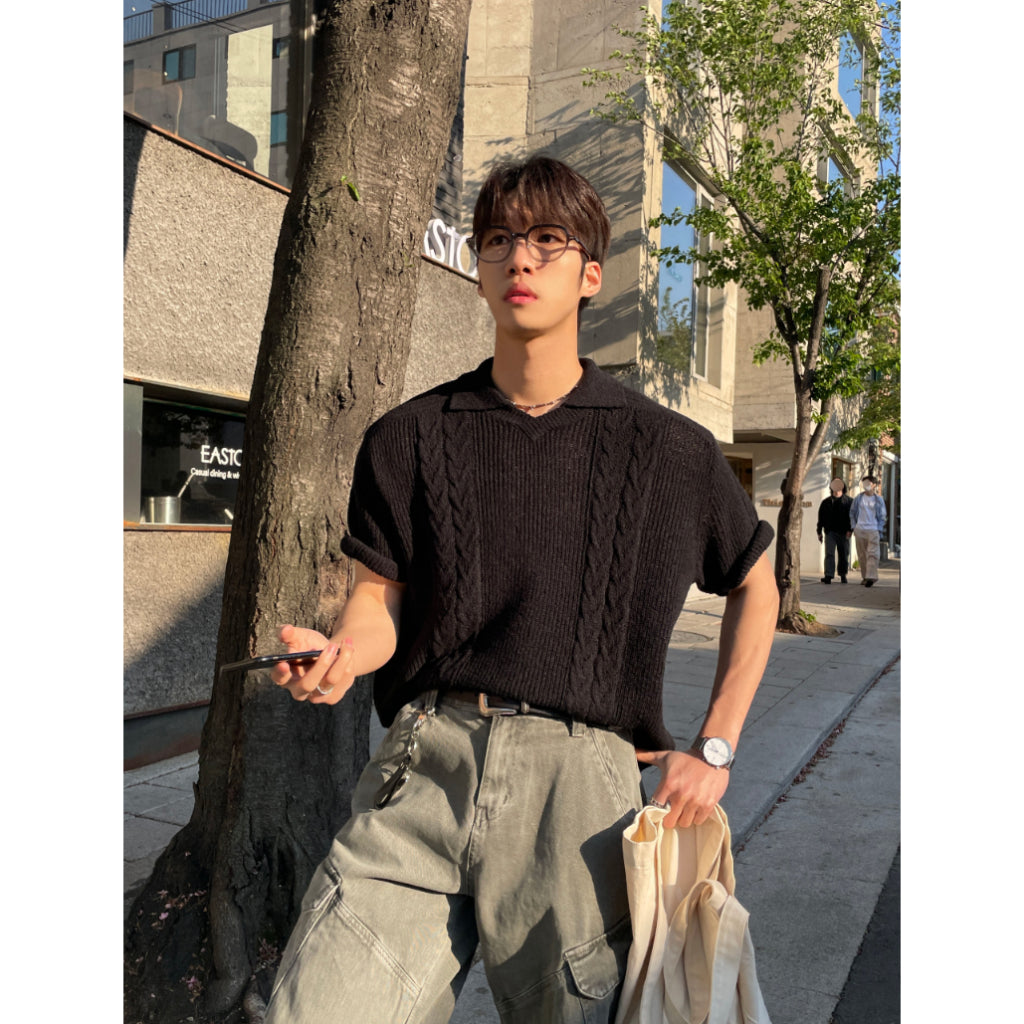 【Metanoia】韓國設計 翻領麻花針織短袖上衣 - 8