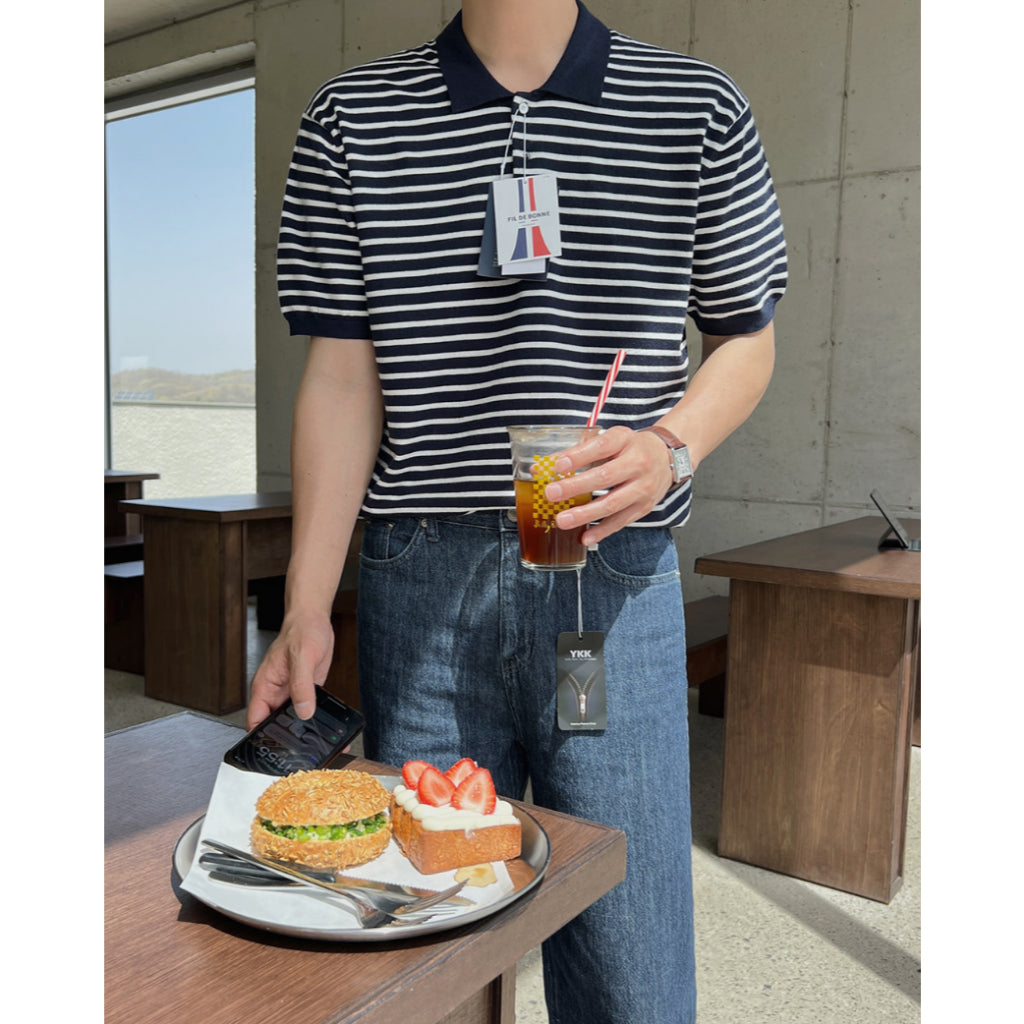 【Metanoia】韓國設計 翻領條紋短袖上衣