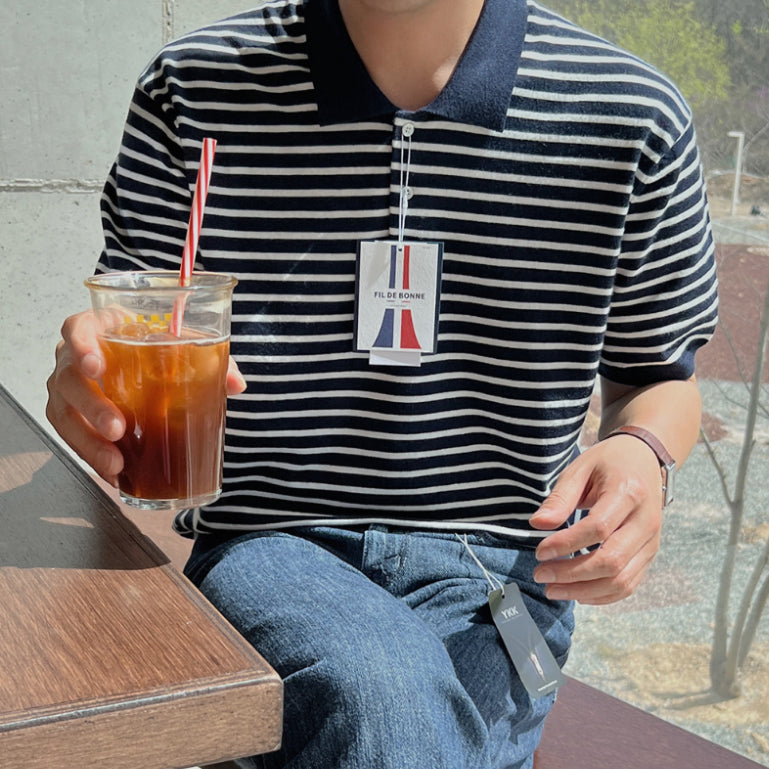 【Metanoia】韓國設計 翻領條紋短袖上衣