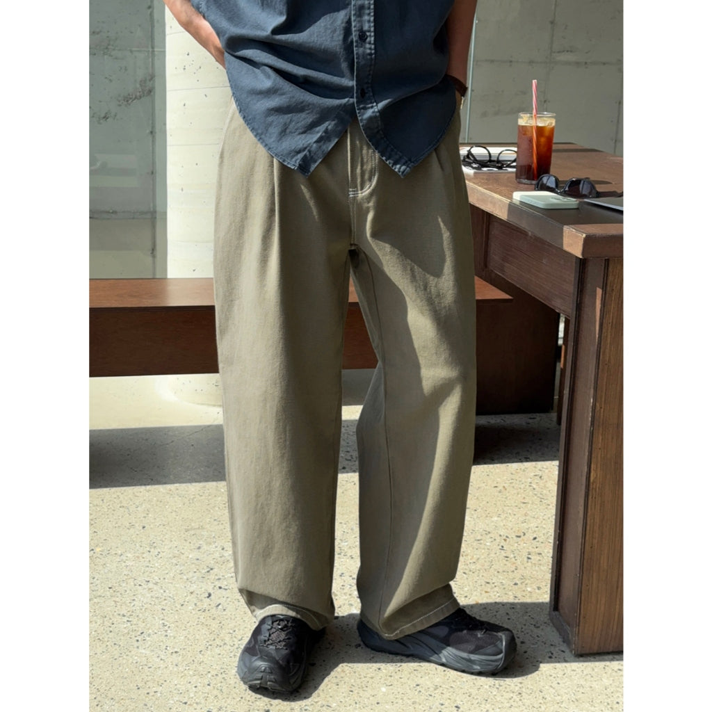 【Metanoia】韓國設計 單褶棉質寬鬆落地牛仔褲 - 5