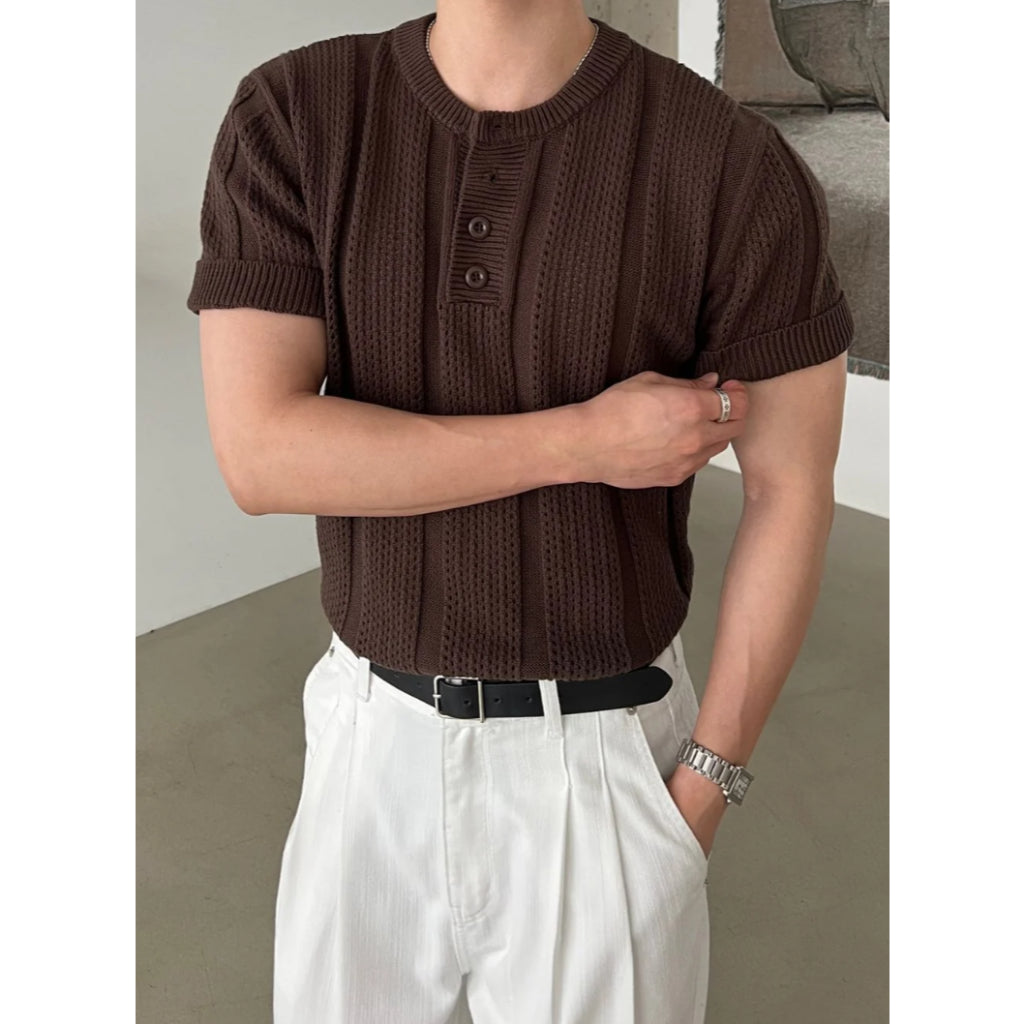 【Metanoia】韓國設計 鏤空修身亨利領針織短袖 - 7