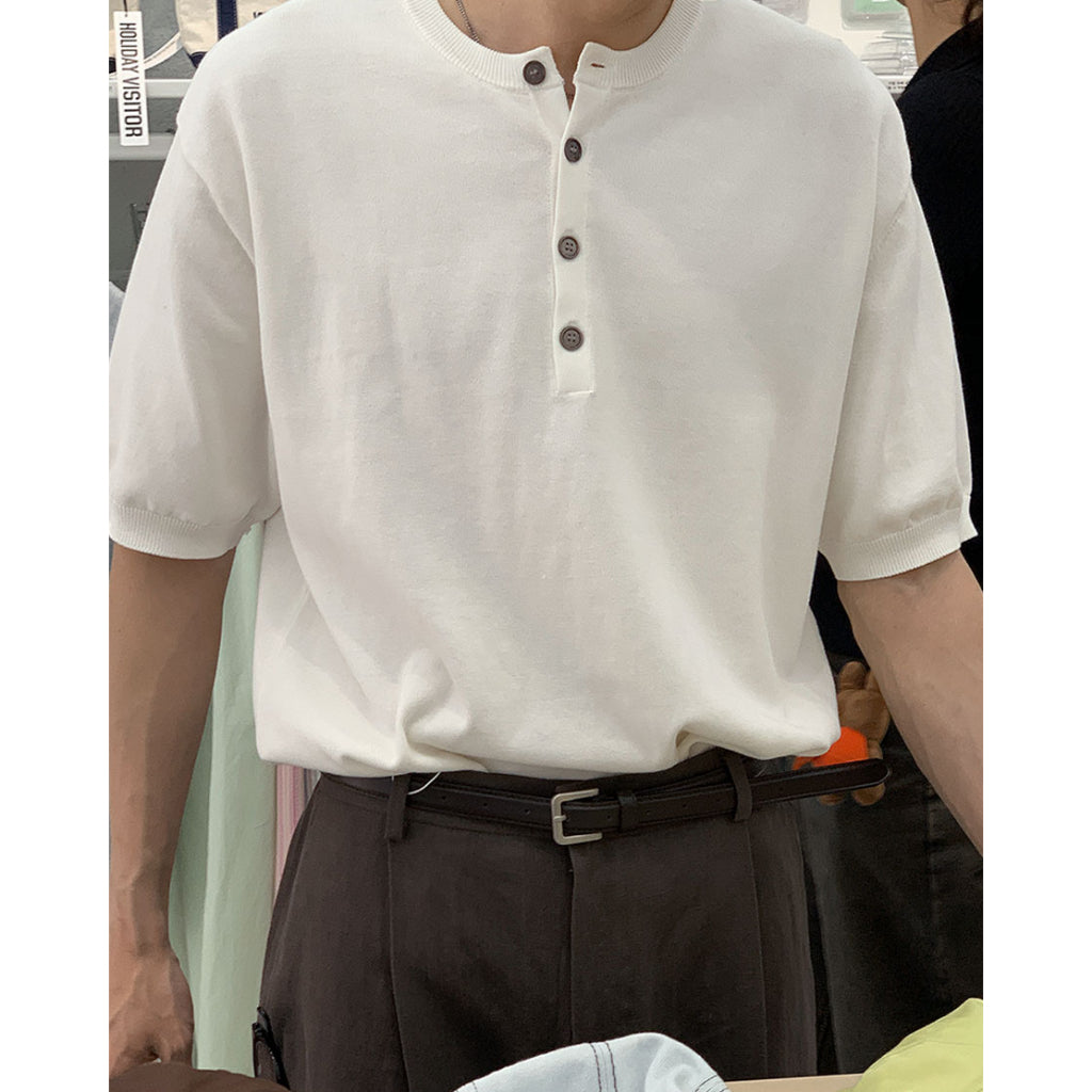 【Metanoia】韓國設計 亨利領亞麻針織短袖上衣