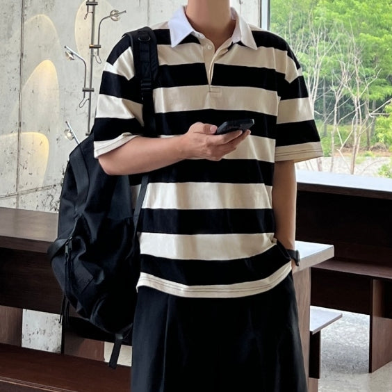 【Metanoia】韓國設計 翻領條紋短袖上衣