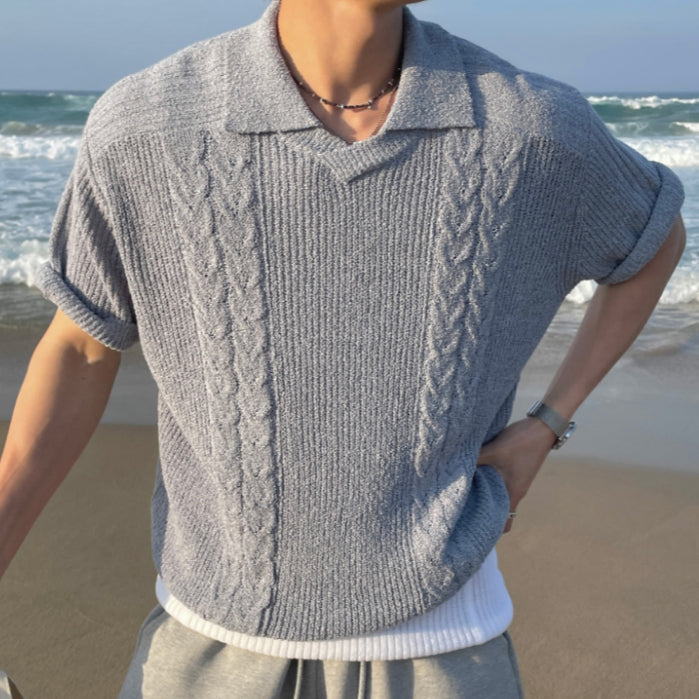 【Metanoia】韓國設計 翻領麻花針織短袖上衣 - 1