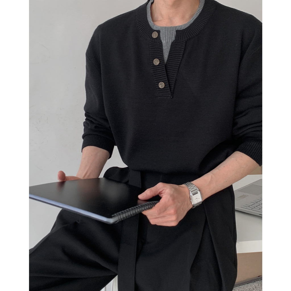 【Metanoia】韓國設計 假兩件亨利領針織衣