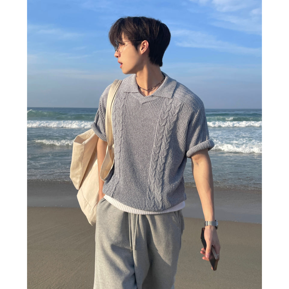 【Metanoia】韓國設計 翻領麻花針織短袖上衣 - 4