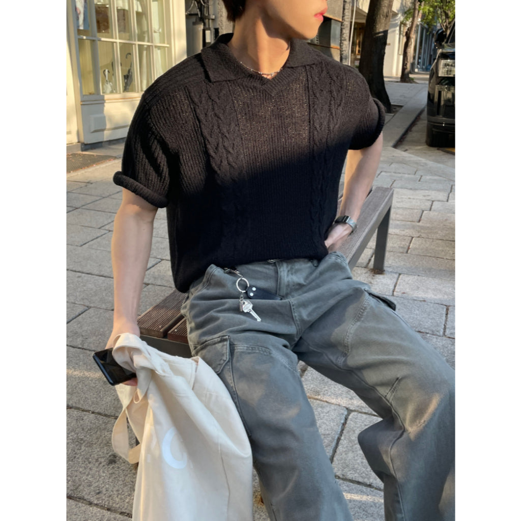 【Metanoia】韓國設計 翻領麻花針織短袖上衣 - 10
