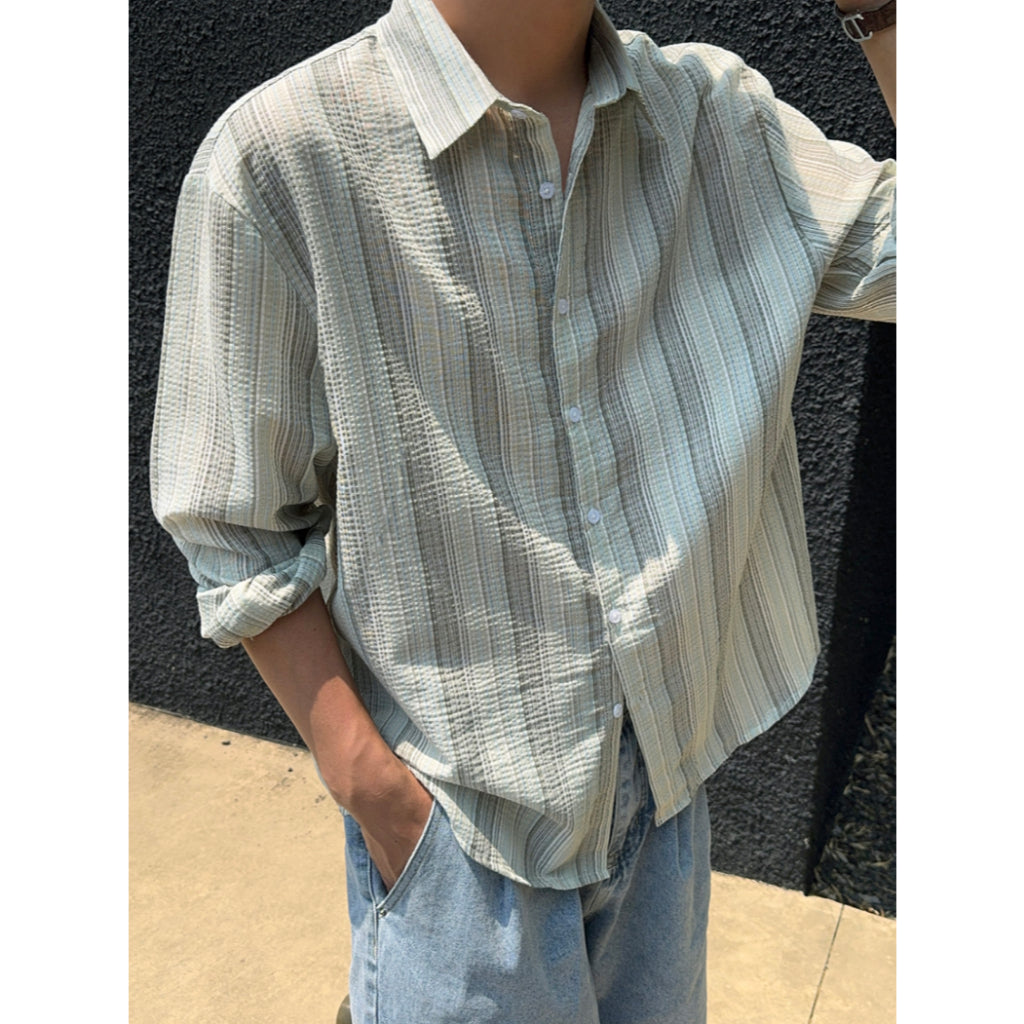 【Metanoia】韓國設計 翻領條紋長袖襯衫 - 3