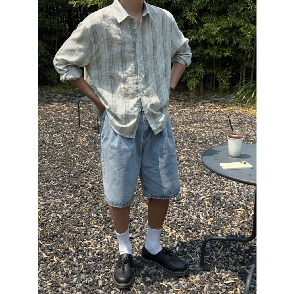 【Metanoia】韓國設計 翻領條紋長袖襯衫 - 2