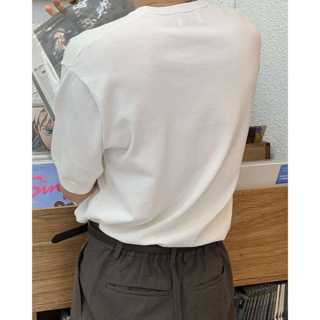 【Metanoia】韓國設計 亨利領亞麻針織短袖上衣