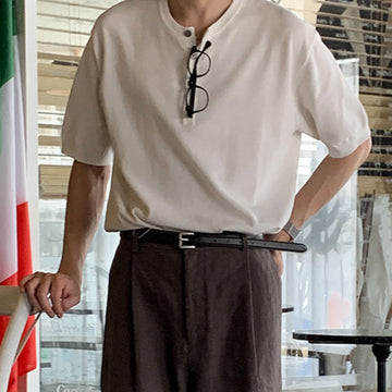 【Metanoia】韓國設計 亨利領亞麻針織短袖上衣