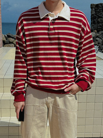 【Metanoia】🇰🇷韓製 翻領條紋長袖上衣T恤 - 1