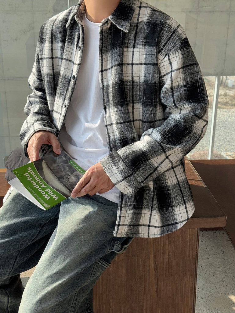 【Metanoia】韓國設計 翻領內刷毛格紋襯衫 - 1