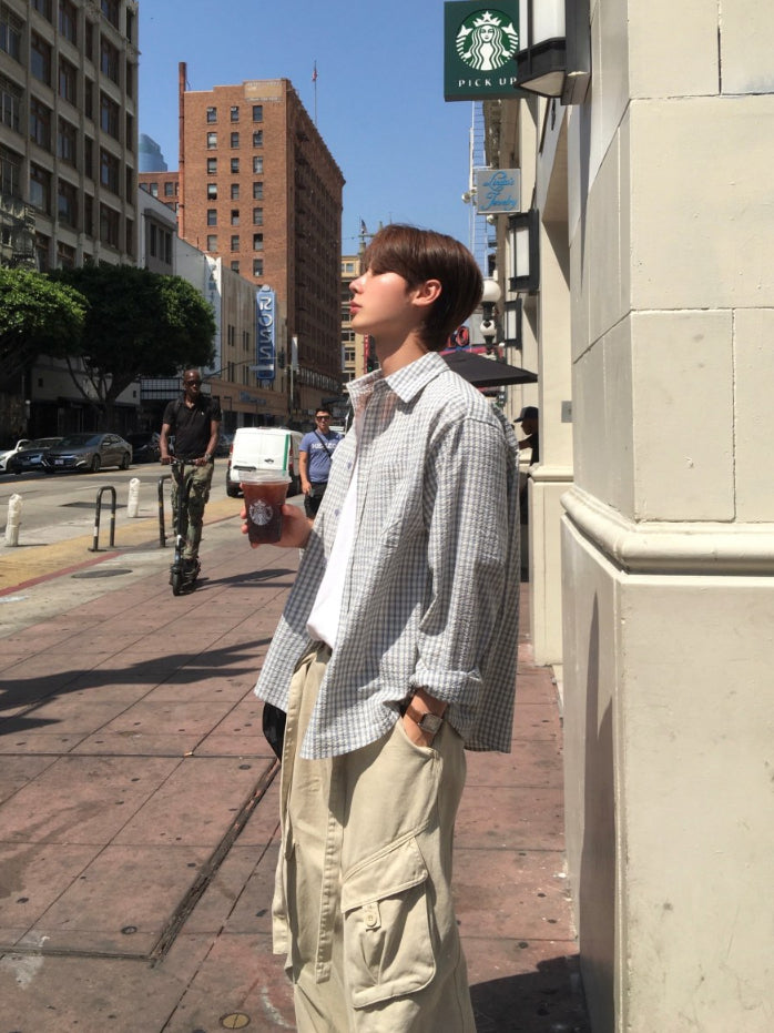 【Metanoia】韓國設計 格紋泡泡沙長袖襯衫 - 7