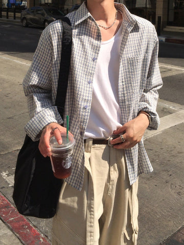 【Metanoia】韓國設計 格紋泡泡沙長袖襯衫 - 1