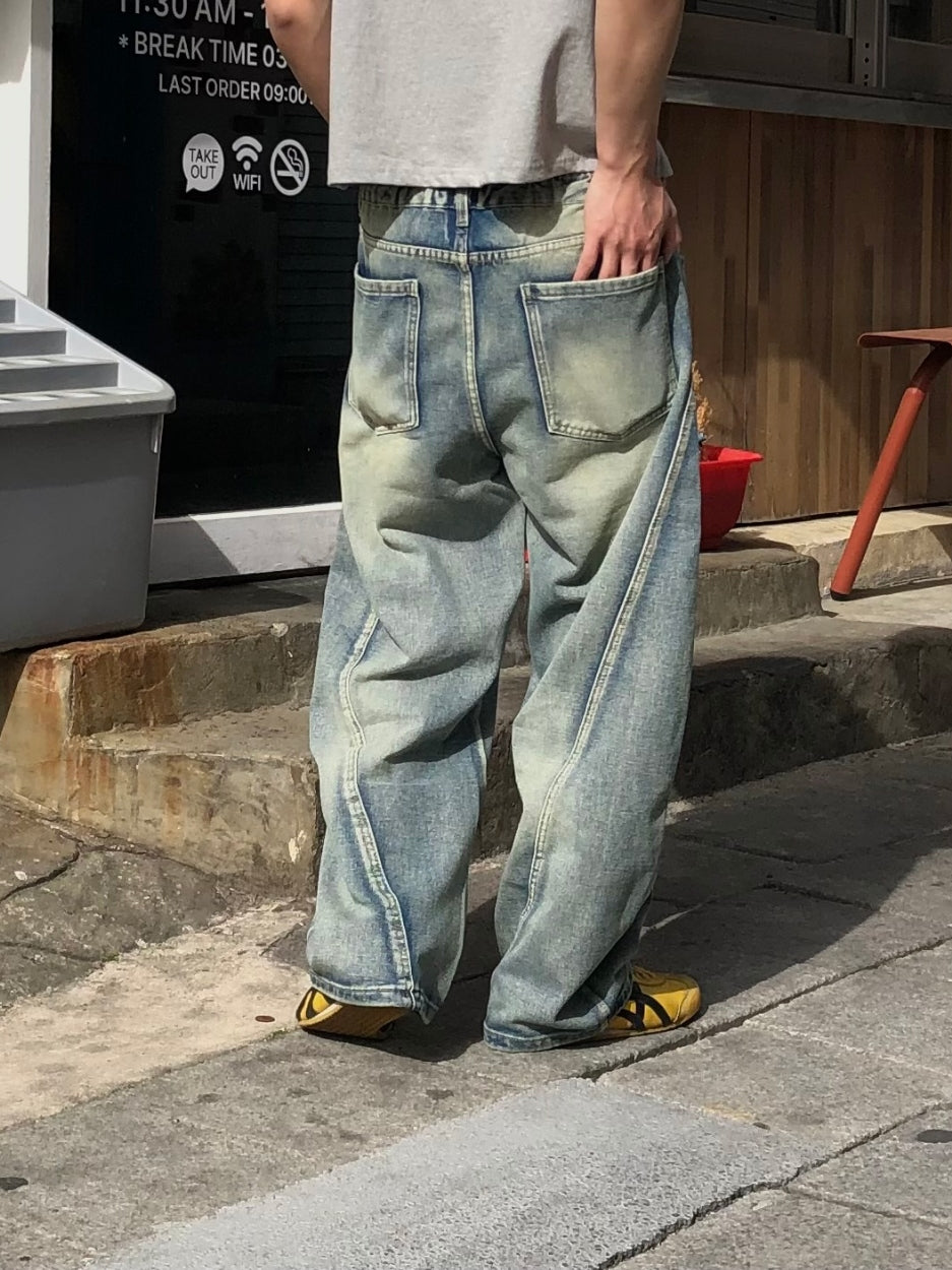 【Metanoia】韓國設計 水洗彎刀落地牛仔褲 - 4