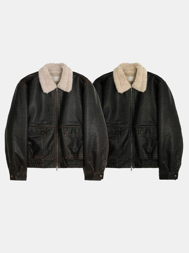 【Metanoia】🇰🇷韓製 短版復古羊羔毛翻領皮外套 - 8