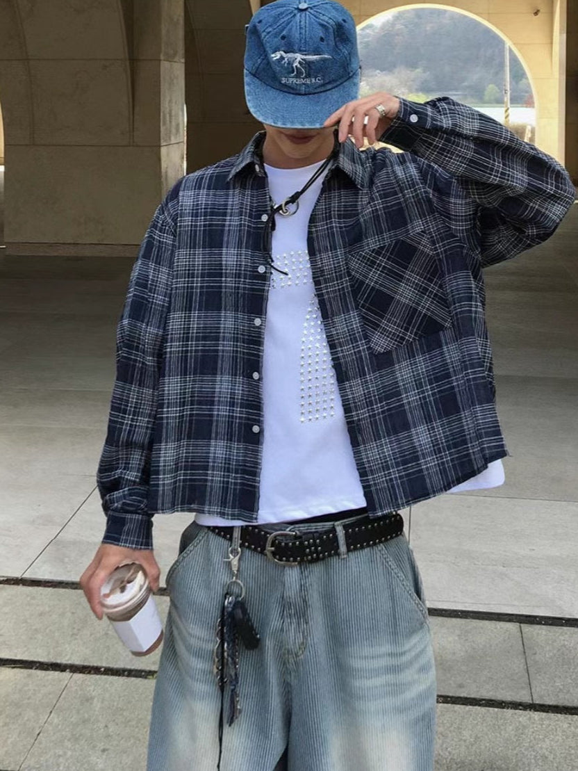 【Metanoia】🇰🇷韓製 亞麻短版格紋長袖襯衫 - 1