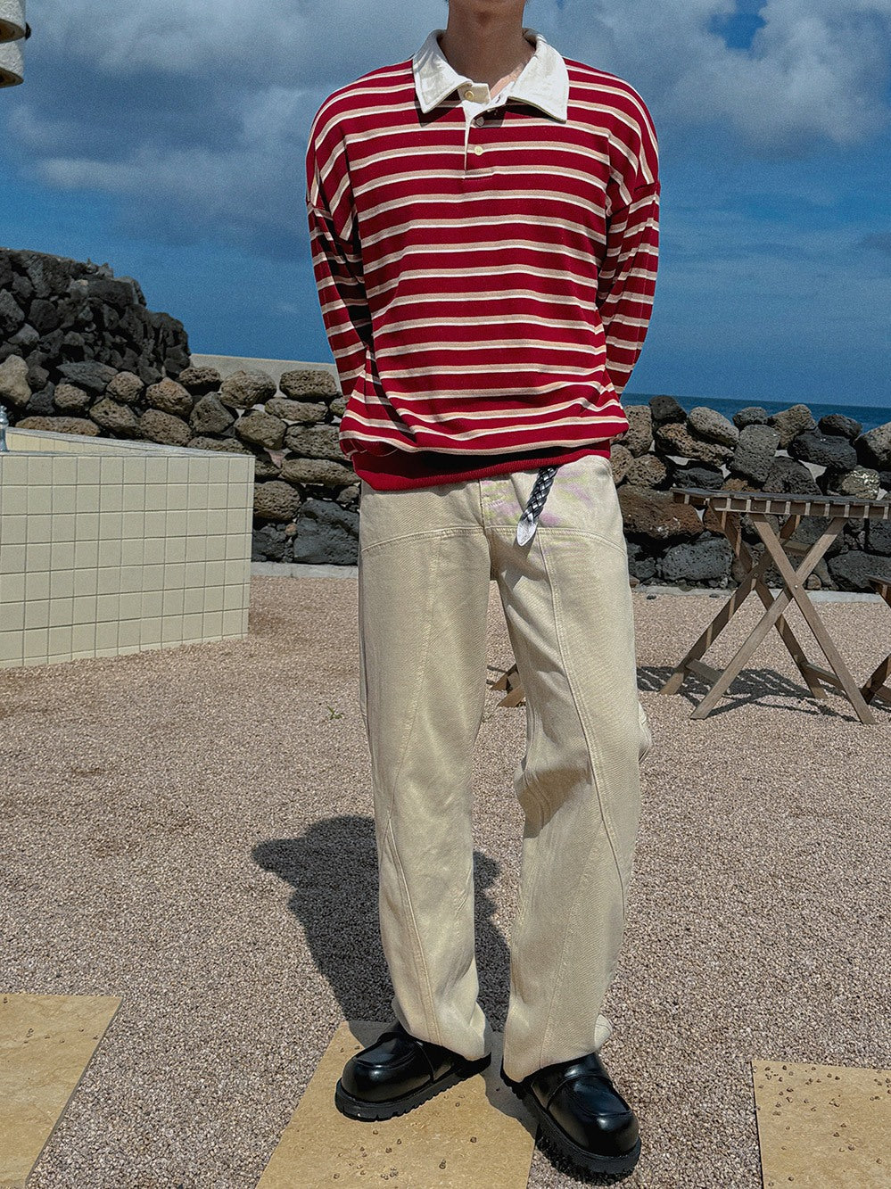 【Metanoia】🇰🇷韓製 翻領條紋長袖上衣T恤 - 4