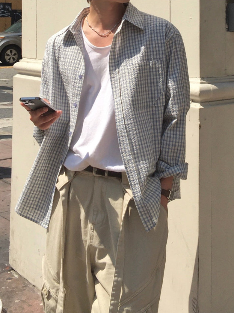 【Metanoia】韓國設計 格紋泡泡沙長袖襯衫 - 5