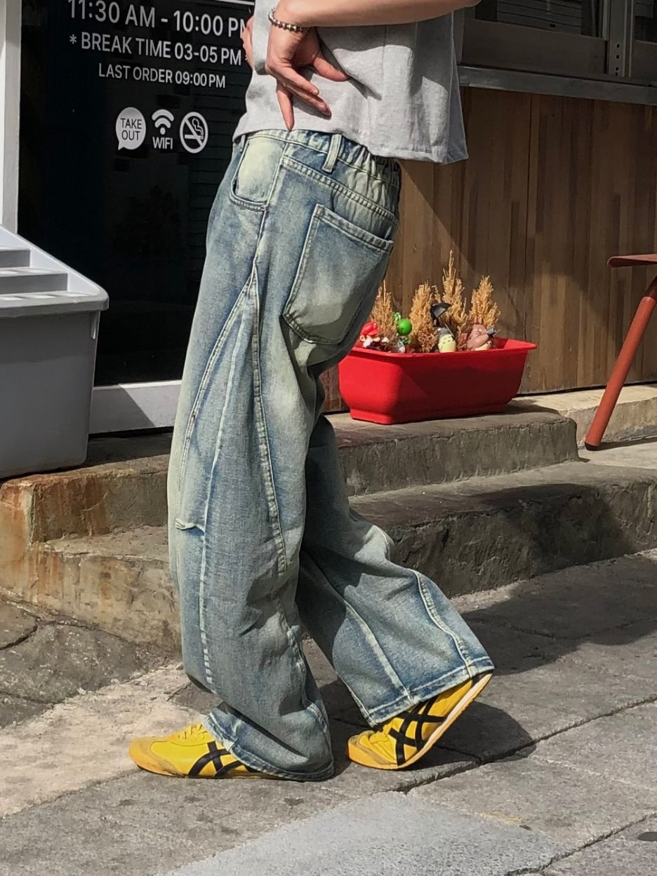 【Metanoia】韓國設計 水洗彎刀落地牛仔褲 - 5