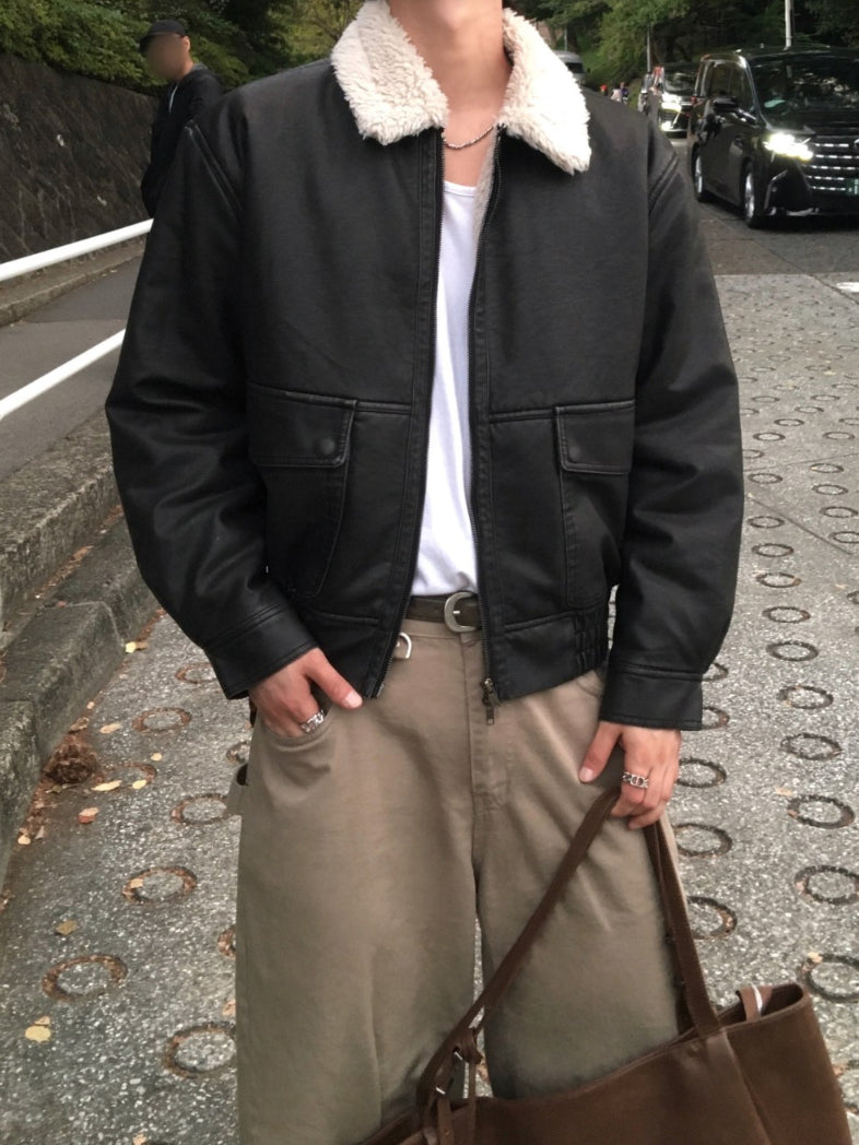 【Metanoia】🇰🇷韓製 短版復古羊羔毛翻領皮外套 - 1