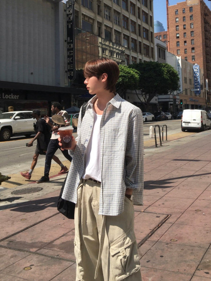 【Metanoia】韓國設計 格紋泡泡沙長袖襯衫 - 8