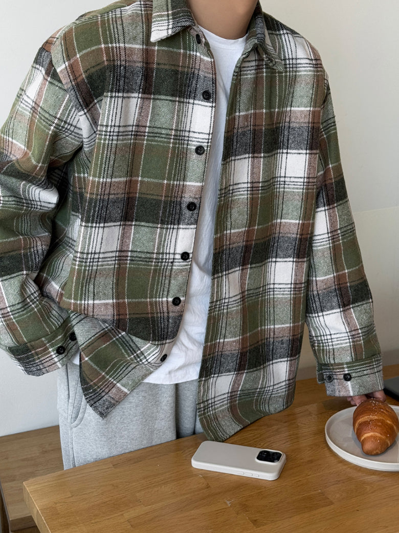 【Metanoia】韓國設計 翻領內刷毛格紋襯衫 - 7