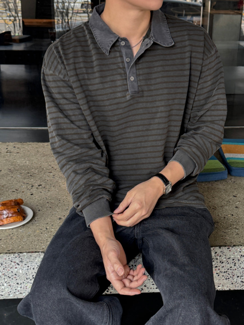 【Metanoia】🇰🇷韓製 水洗翻領條紋長袖上衣T恤 - 1