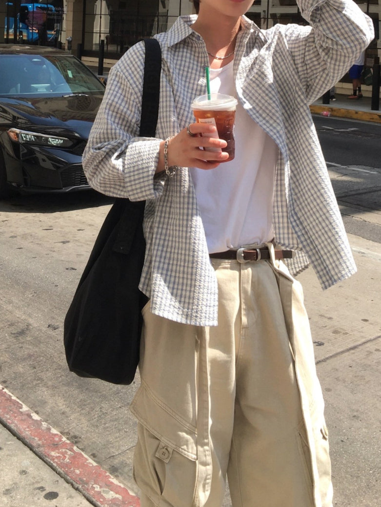 【Metanoia】韓國設計 格紋泡泡沙長袖襯衫 - 3