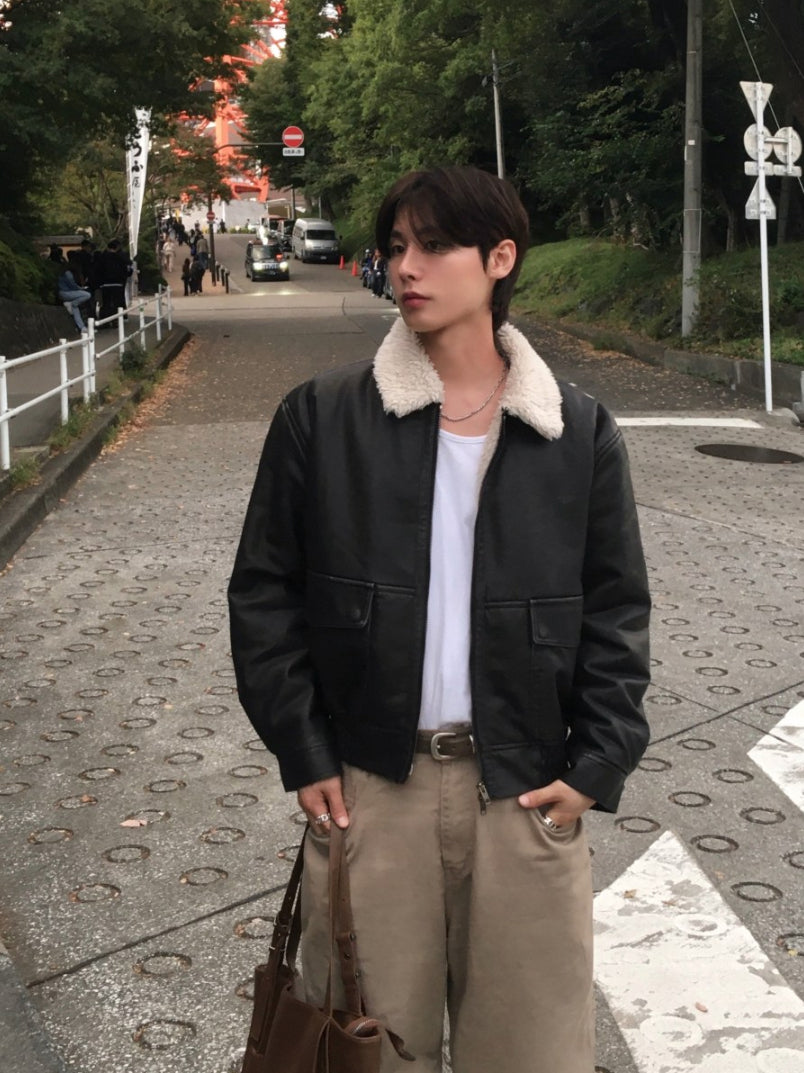 【Metanoia】🇰🇷韓製 短版復古羊羔毛翻領皮外套 - 6