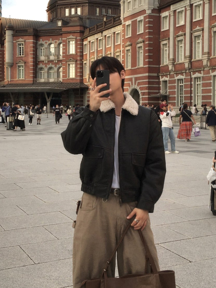 【Metanoia】🇰🇷韓製 短版復古羊羔毛翻領皮外套 - 2