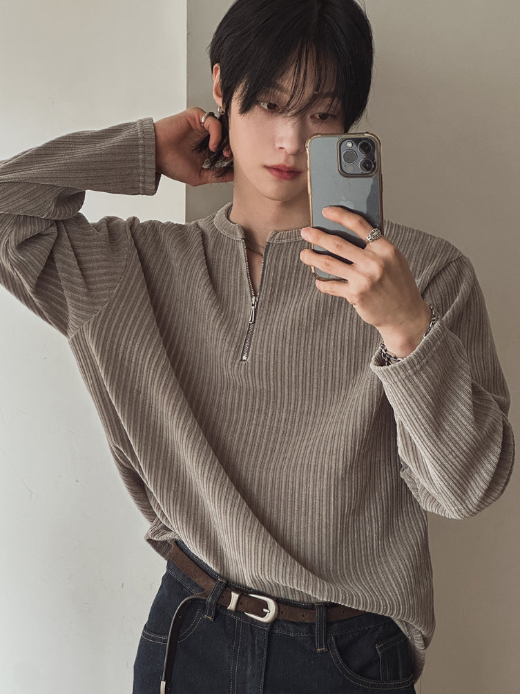 【Metanoia】🇰🇷韓製 絲絨半拉鍊亨利領長袖上衣 - 2