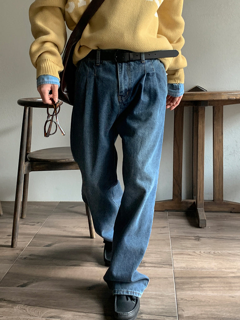 【Metanoia】韓國設計 雙褶落地牛仔褲 - 5