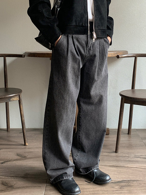 【Metanoia】韓國設計 雙褶落地牛仔褲 - 1