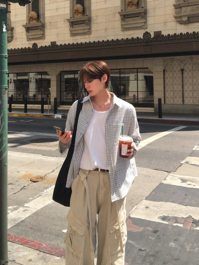 【Metanoia】韓國設計 格紋泡泡沙長袖襯衫 - 6