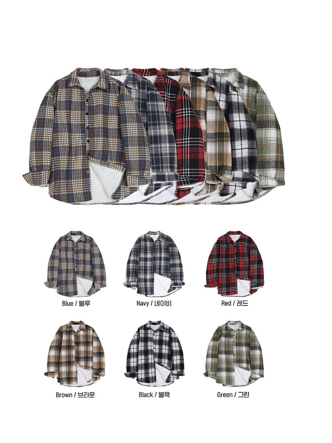 【Metanoia】韓國設計 翻領內刷毛格紋襯衫 - 10