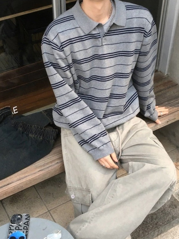 【Metanoia】韓國設計 純棉條紋翻領針織上衣 - 1