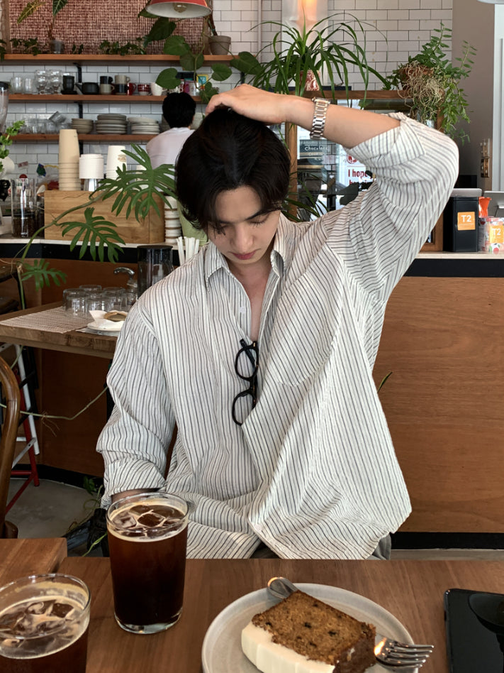 【Metanoia】韓國設計 泡泡紗條紋純棉寬鬆長袖襯衫 - 7