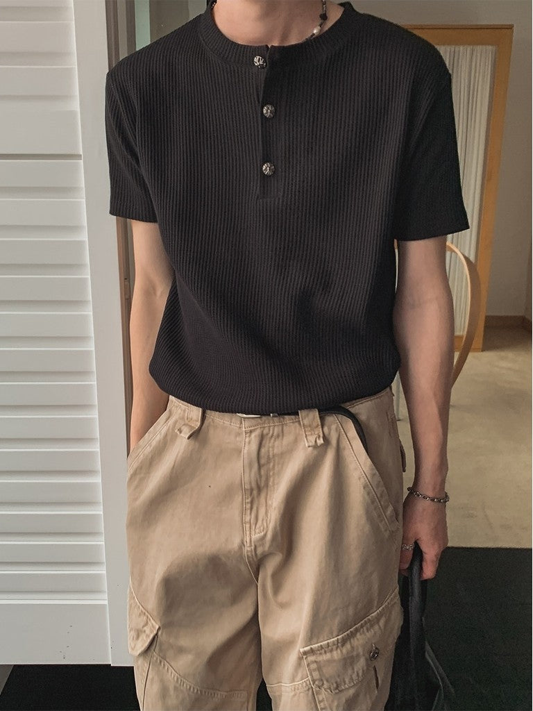 【Metanoia】🇰🇷韓製 華夫格銀扣亨利領短袖上衣 - 2