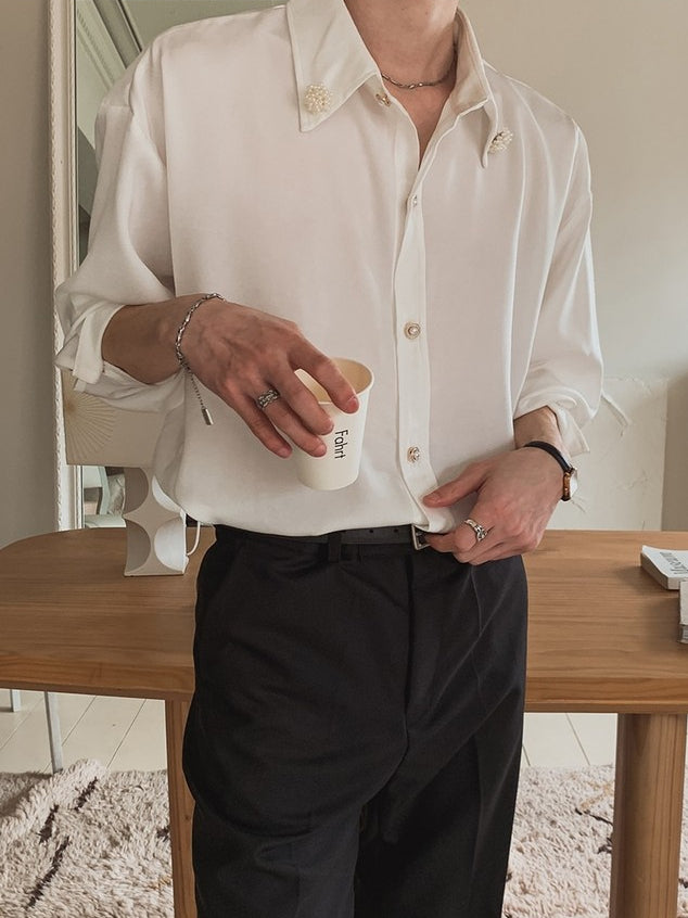 【Metanoia】🇰🇷韓製 緞面質感胸針裝飾寬鬆襯衫 - 2