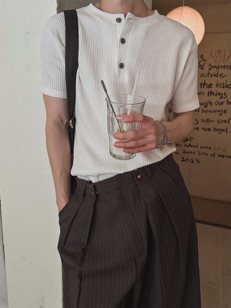 【Metanoia】🇰🇷韓製 華夫格銀扣亨利領短袖上衣 - 3