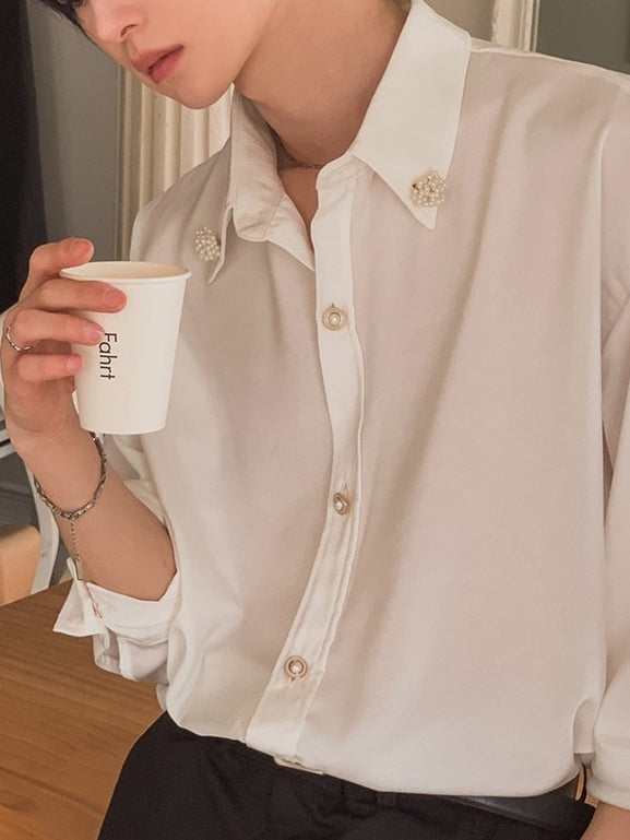 【Metanoia】🇰🇷韓製 緞面質感胸針裝飾寬鬆襯衫 - 8