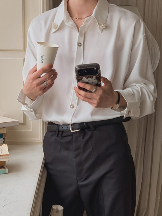 【Metanoia】🇰🇷韓製 緞面質感胸針裝飾寬鬆襯衫 - 5